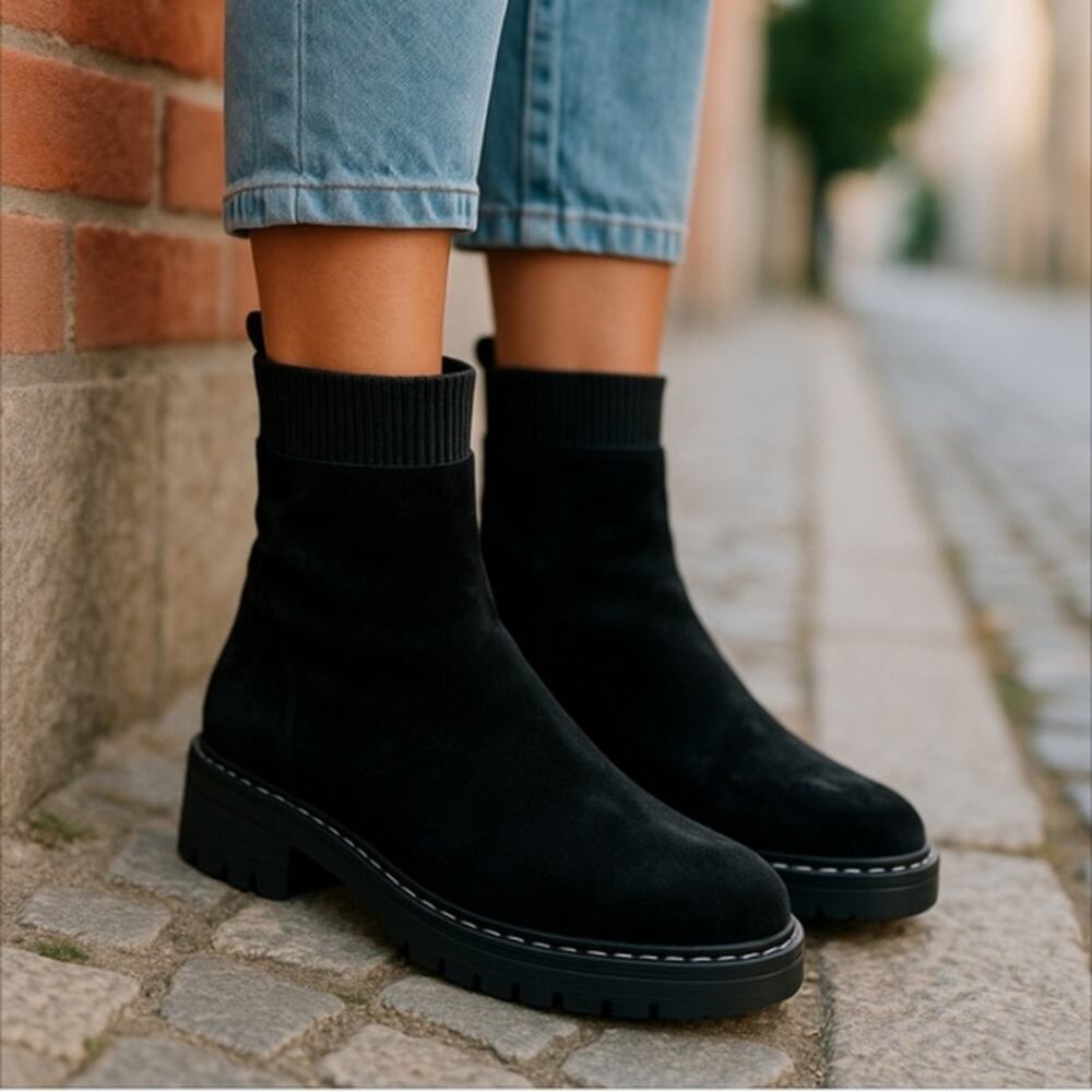 Vintage Jane Faux Suede Chelsea Combat Boot with Elastic Shaft Upper Size 9